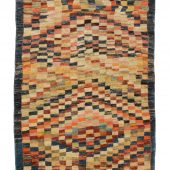 This is a beatufil nomadic afghan pattern hand made rug. It measures about 6 by 4 and is available for sale online or at our rug show room.